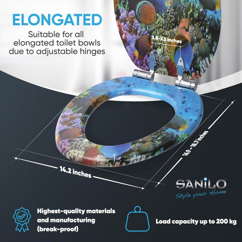 SANILO Wooden Toilet Seat with Soft Close [ELONGATED] - Decorative, Quiet & Slow Close Molded Wood Seat - With Strong Bumpers & Hinges - Adjustable Fit - Ocean - Image 3